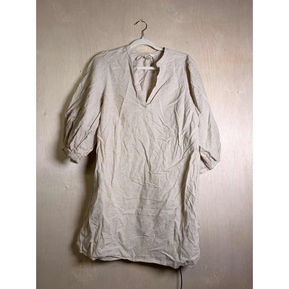 H&M Tunic Dress Women Medium Beige Excellent Linen Blend Puff Sleeve V-Neck